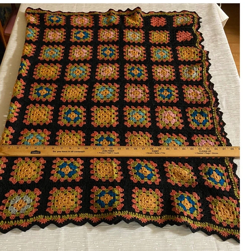 Vintage Handmade Crochet Granny Blanket Black Multi Color Retro Throw 28x36